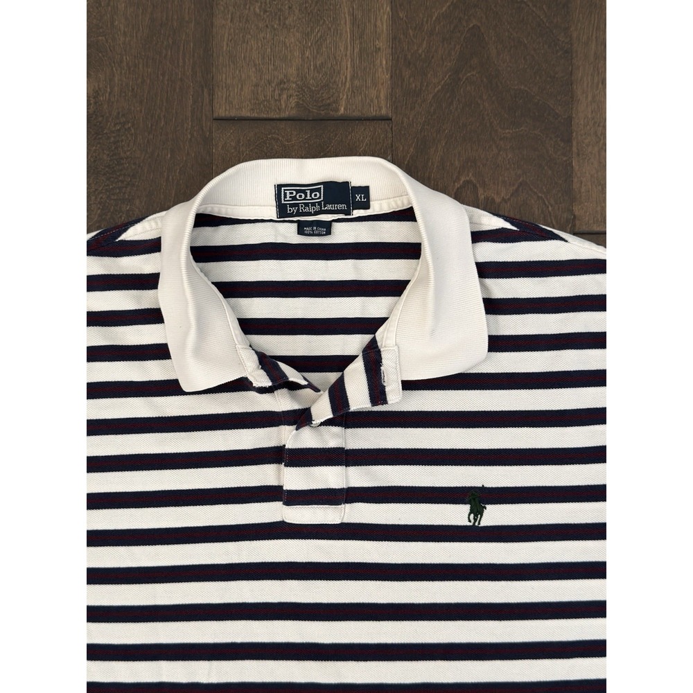 VTG Ralph Lauren Mens White Striped Short Sleeve Polo Shirt Green Pony Size XL